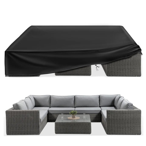 ESSORT extra-large cover draped over a 12-seat dining set protecting from rain