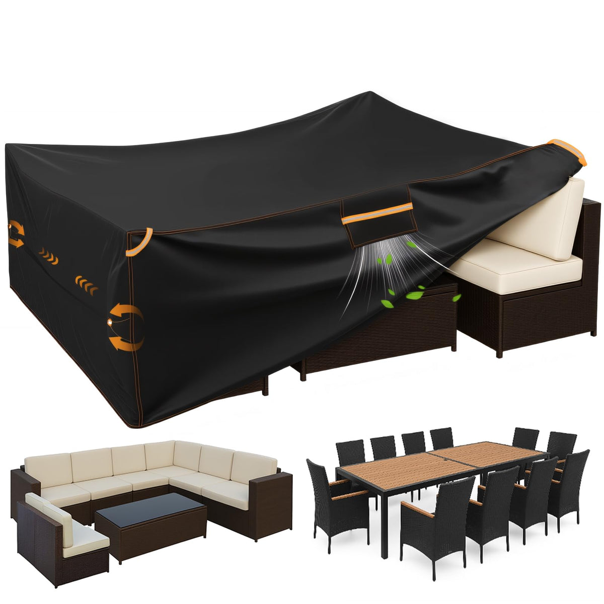 ESSORT extra large cover front view protects outdoor dining set from rain and sun.