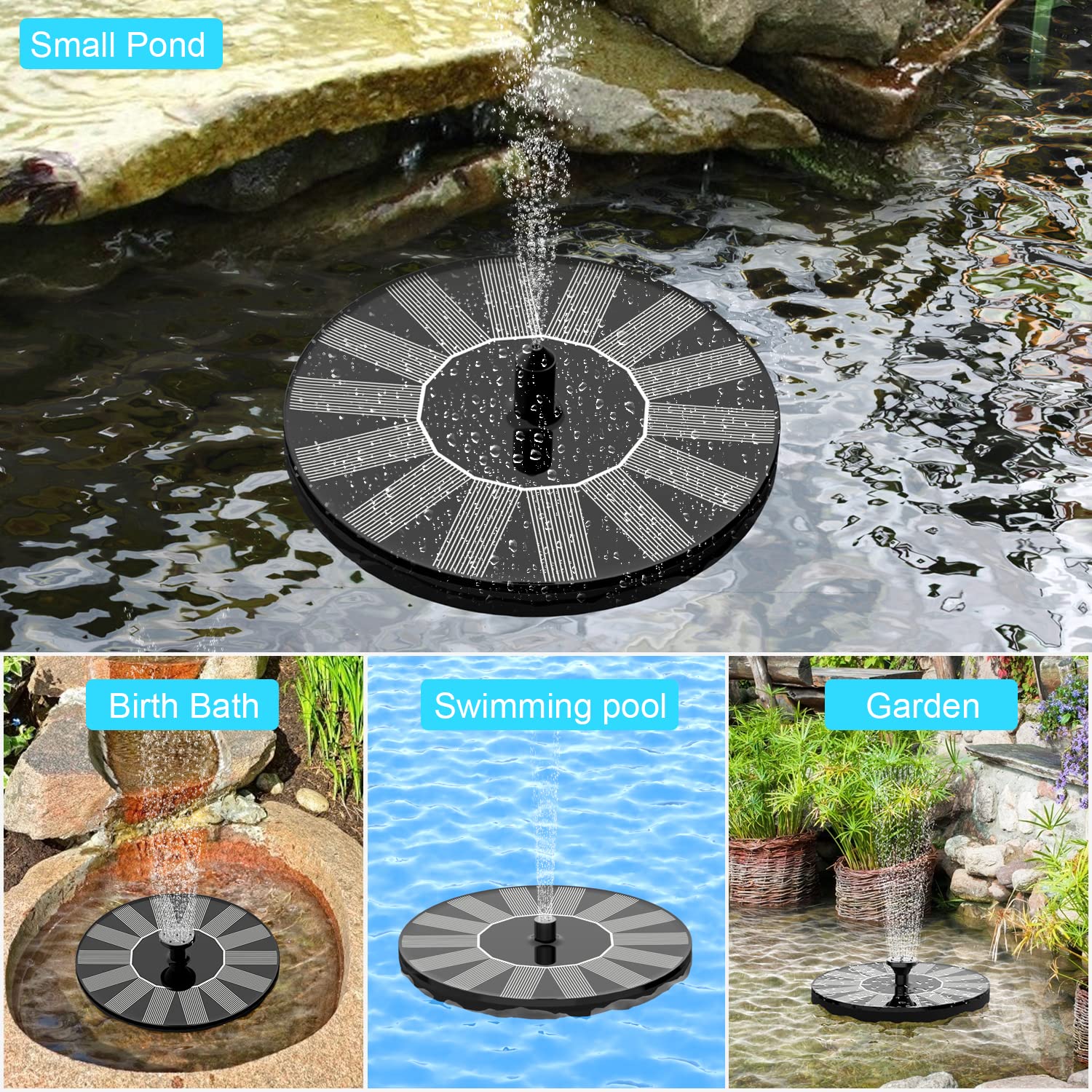 Estefanlo solar fountain pump in a bird bath under bright sunlight.