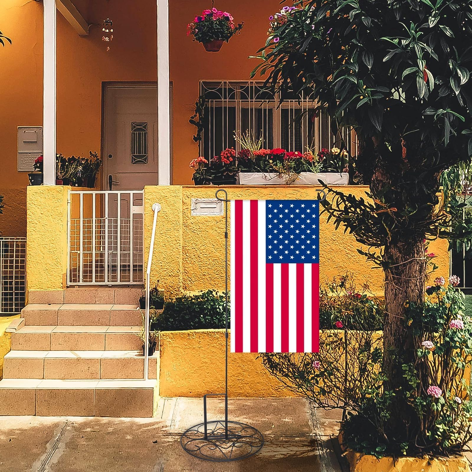 ESTTOP base in patio setup demonstrates stable flag support.