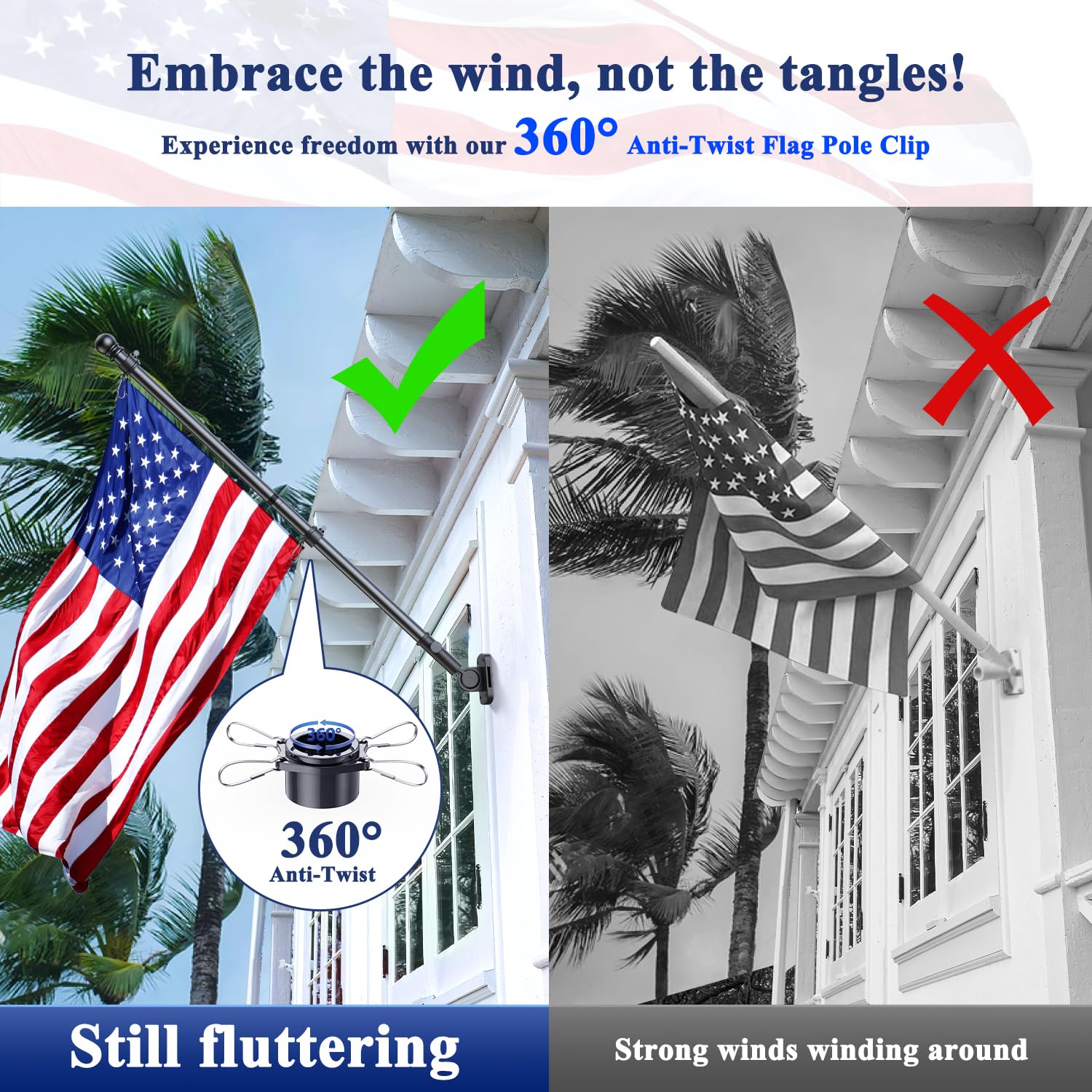 ESTTOP flag pole rotating clips 360 view enabling tangle-free display.