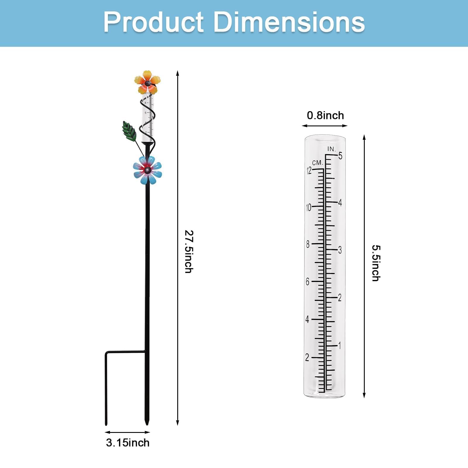 ESTTOP Flower Rain Gauge side view highlighting sturdy stake and durable construction