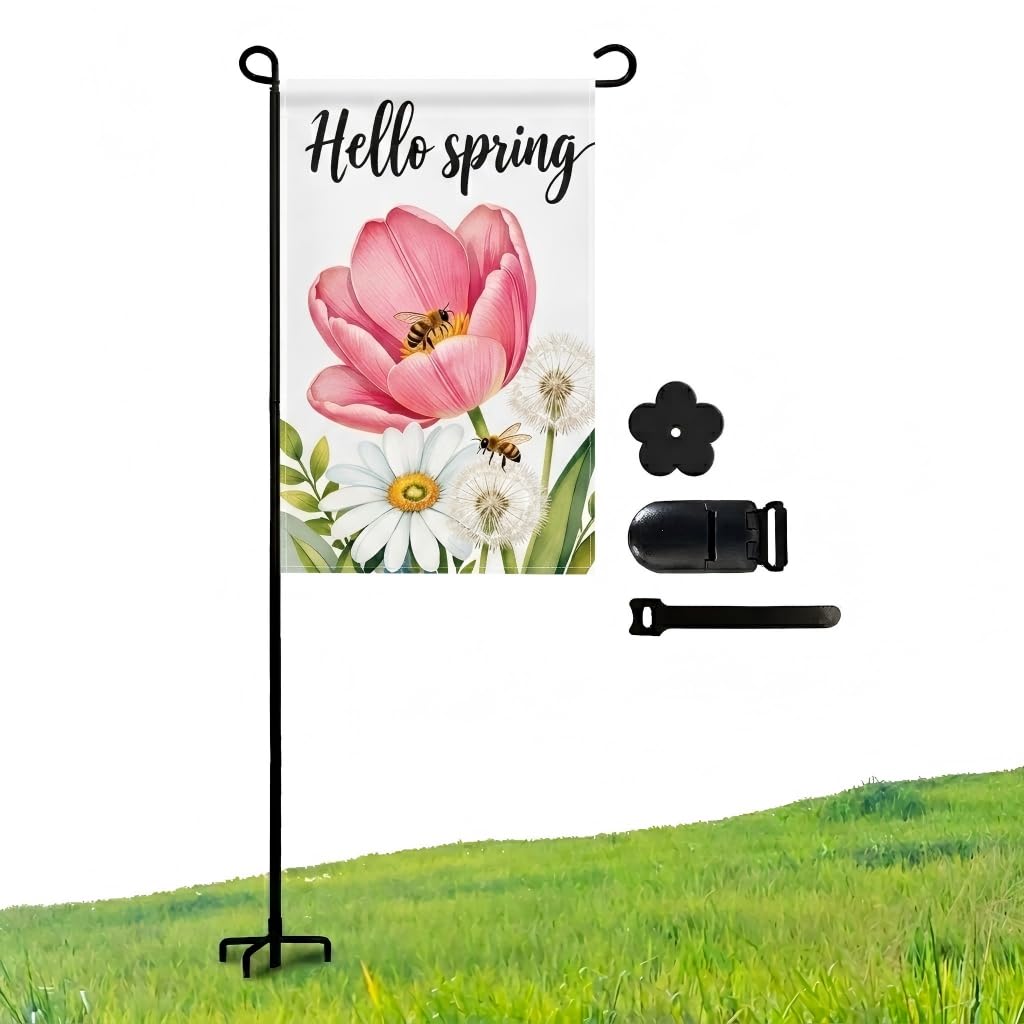 ESTTOP heavy-duty four-prong flag stand viewed from the front, ready for outdoor flags and garden decor