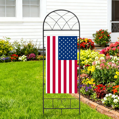ESTTOP metal yard flag holder with rust-resistant coating for rain and sun exposure.