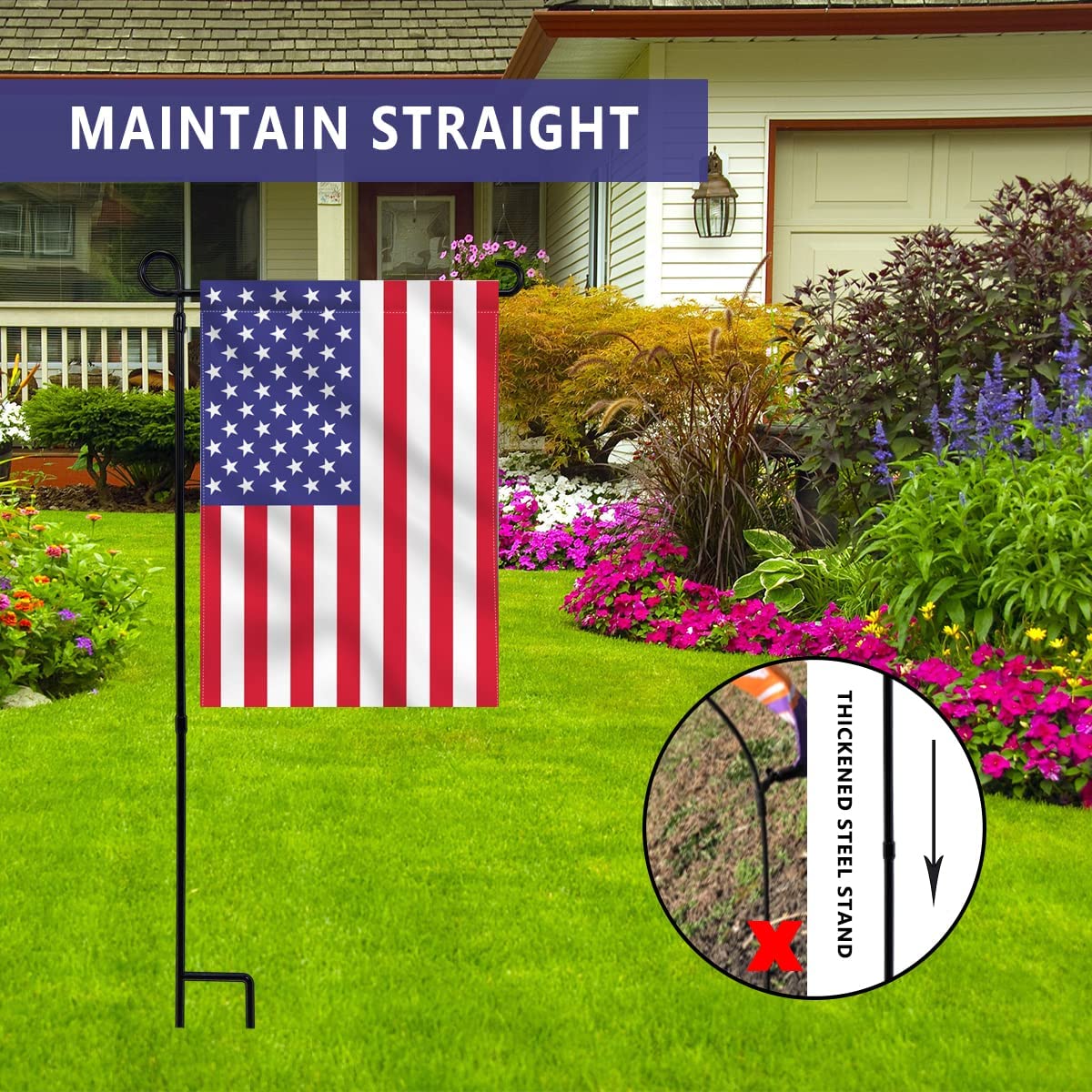 ESTTOP outdoor flag stand shows wind-resilient design for seasonal decorations.