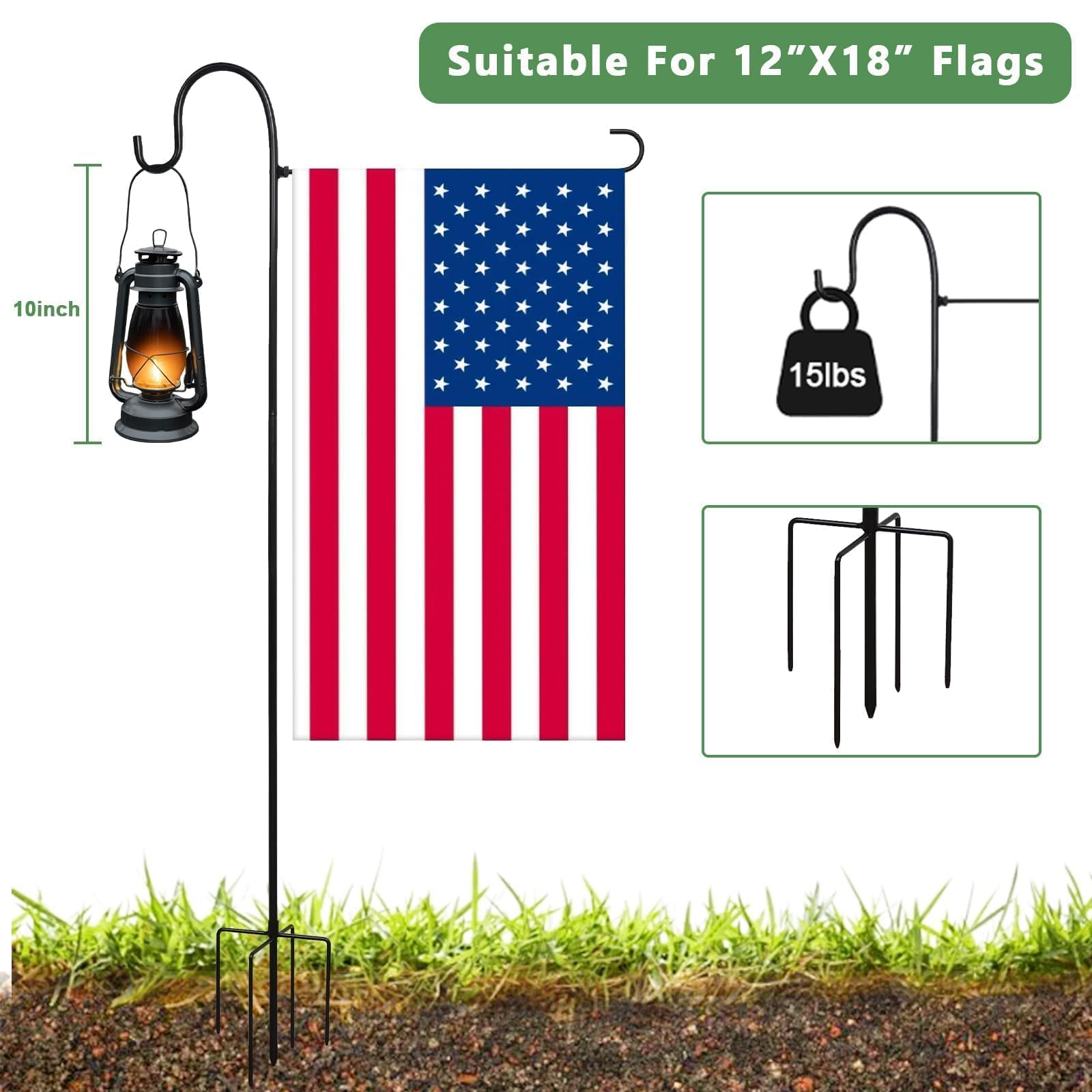 ESTTOP weather-resistant garden flag stand ready for flags and lights.