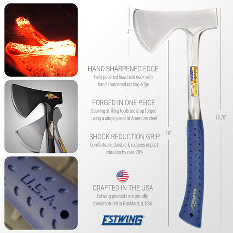Estwing Camper's Axe 19-inch handle highlights balanced design for precise chopping.