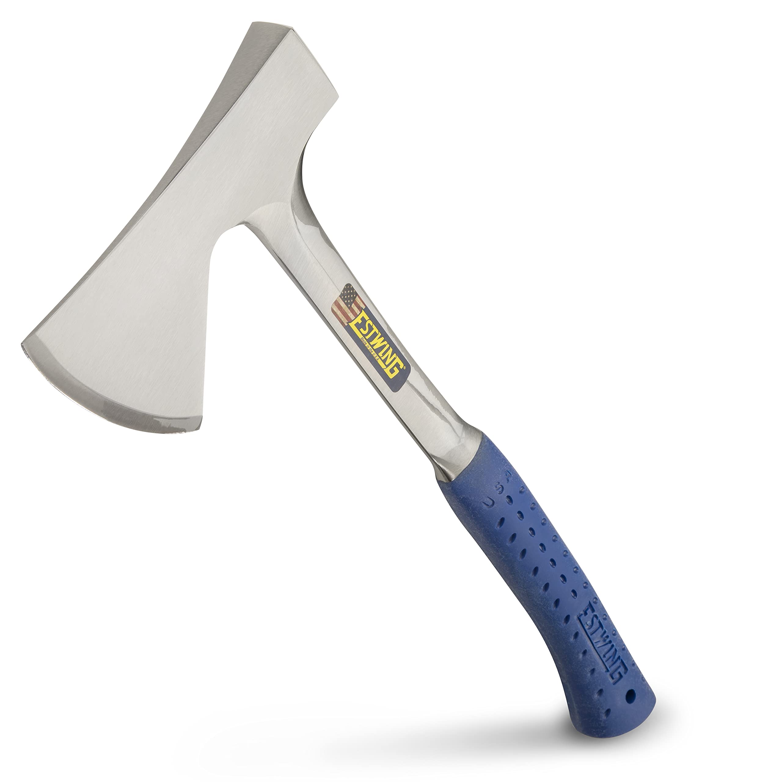 Estwing Camper's Axe head detail shows forged one-piece steel for trusted durability.