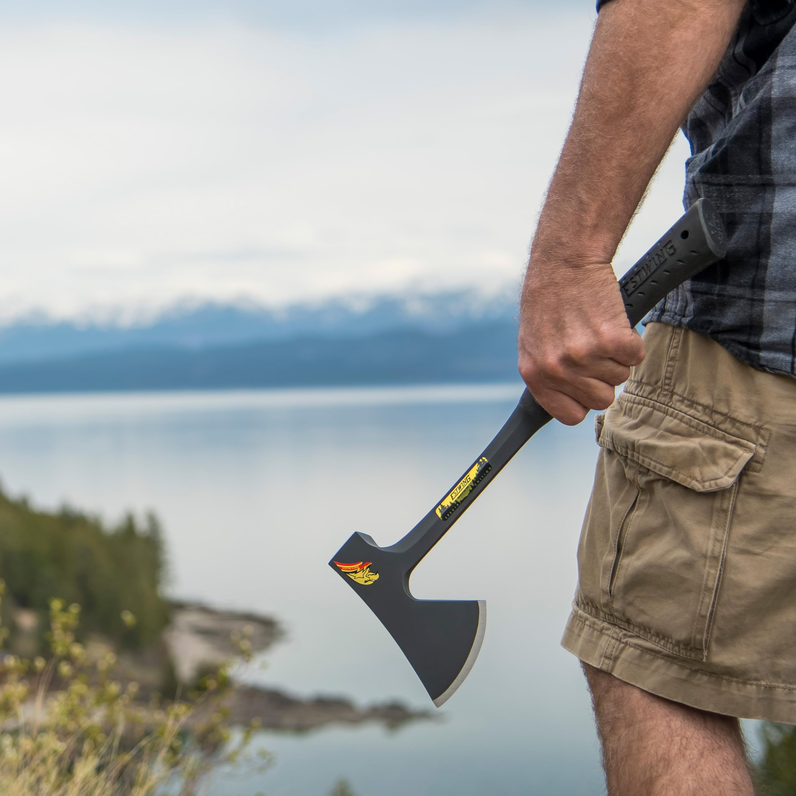 Estwing Camper's Axe with rugged ballistic nylon sheath protecting the blade.
