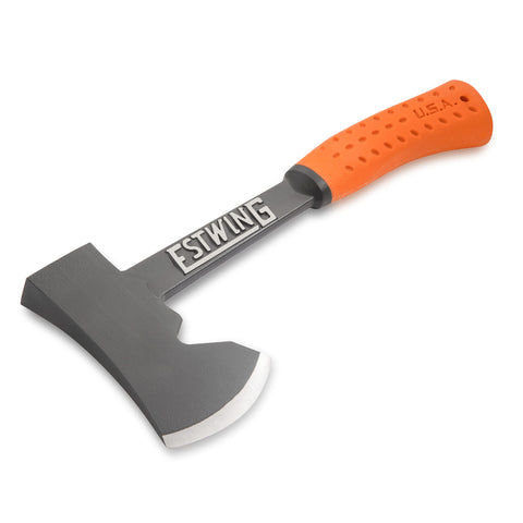 Estwing Camper's Axe with tent-stake puller notch for easy stake removal outdoors.