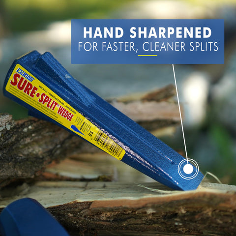 Estwing Sure Split Wedge in-use splits seasoned wood with steady action.