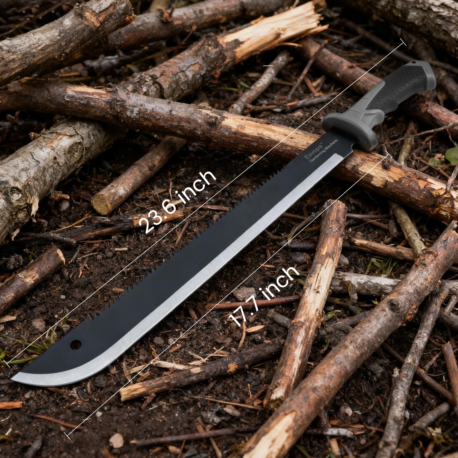 Esvopa machete with sawback spine for efficient branch and hardwood work.