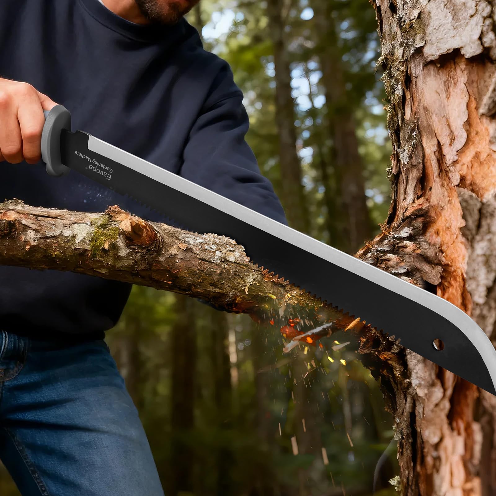 Esvopa survival machete in action for camping and hunting tasks in the field.