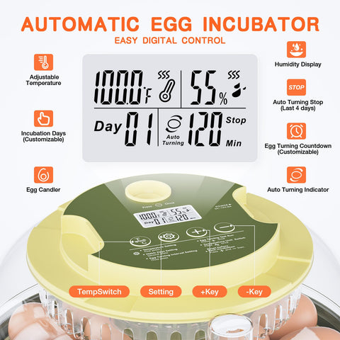 Etegow 18 Egg Incubator top view showing 360-degree airflow for even conditions.
