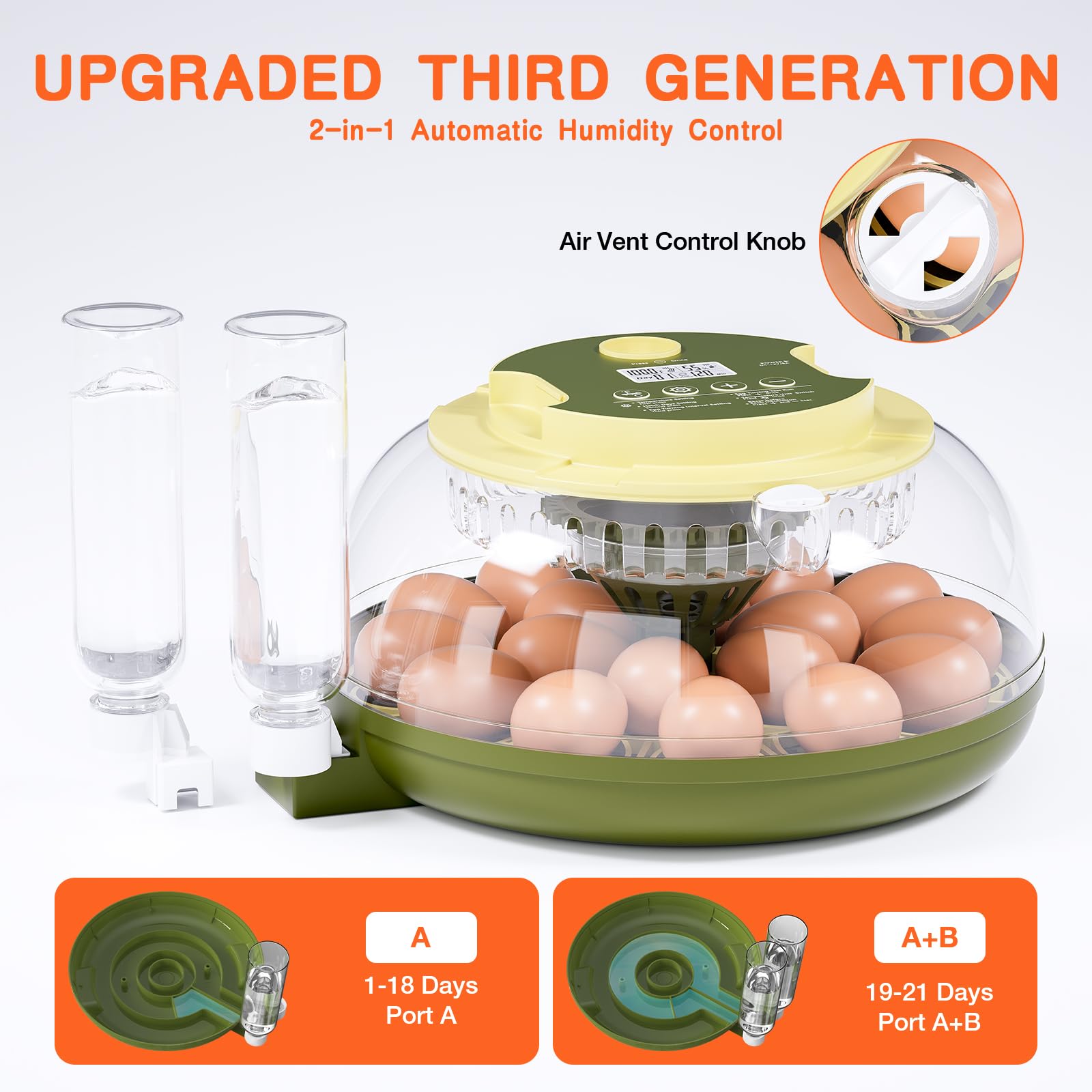 Etegow built-in candling reveals embryo progress without opening the lid.