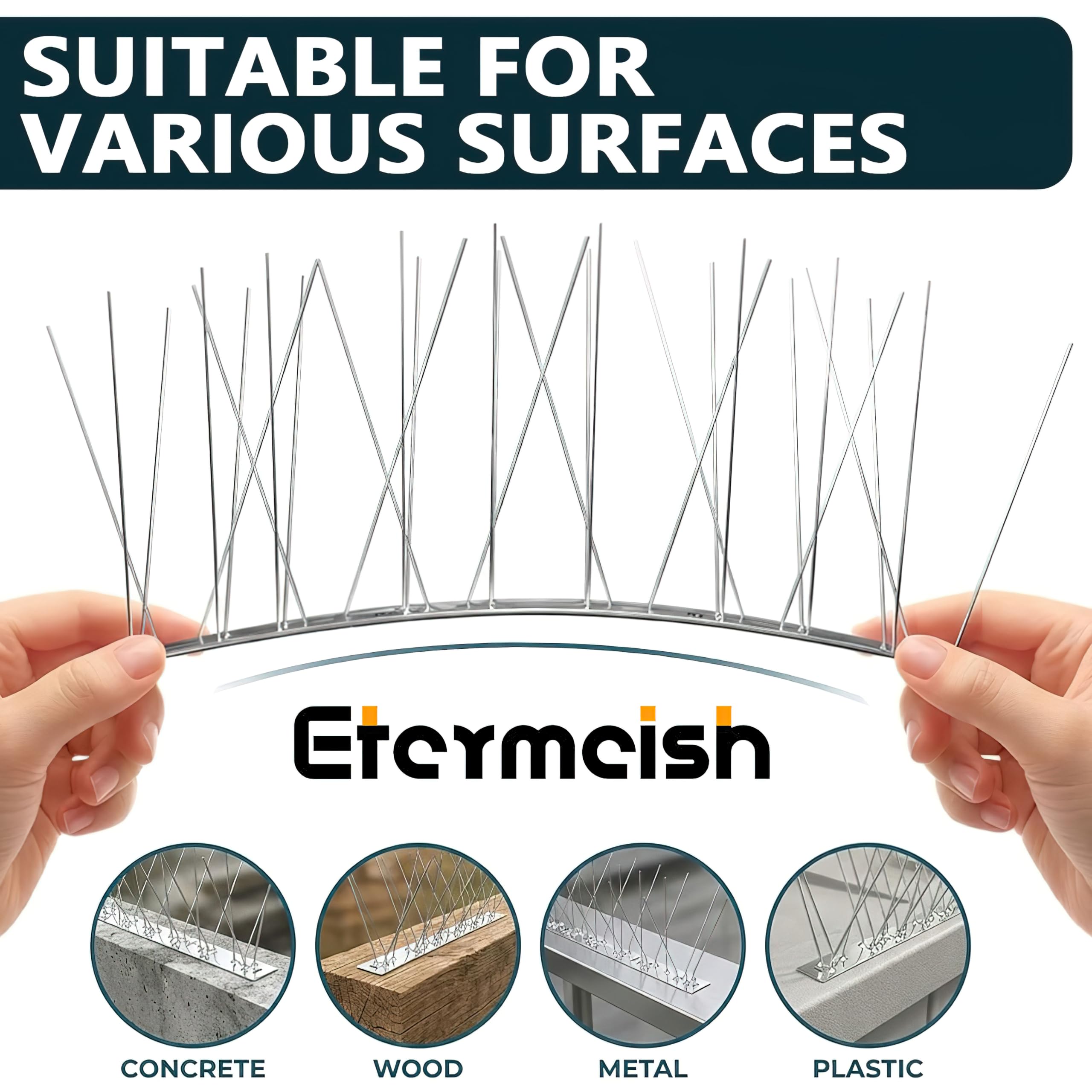 Etermeish spikes cover diverse areas, keeping sills, gutters, and rails cleaner and safer.