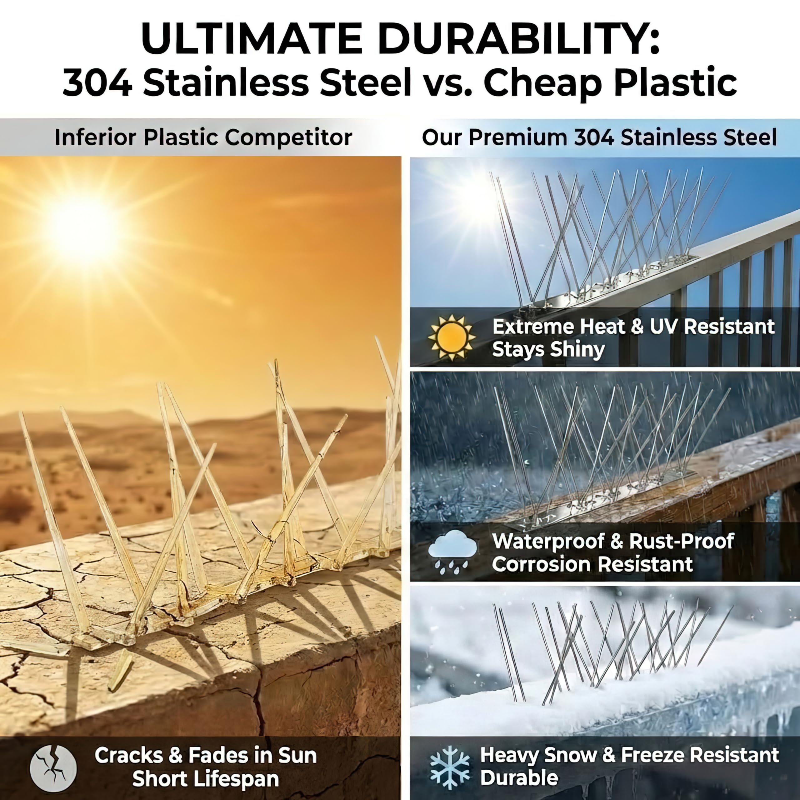 Etermeish stainless steel spikes withstand rain, sun, and snow for lasting deterrence.