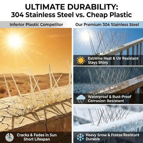 Etermeish stainless steel spikes withstand rain, sun, and snow for lasting deterrence.