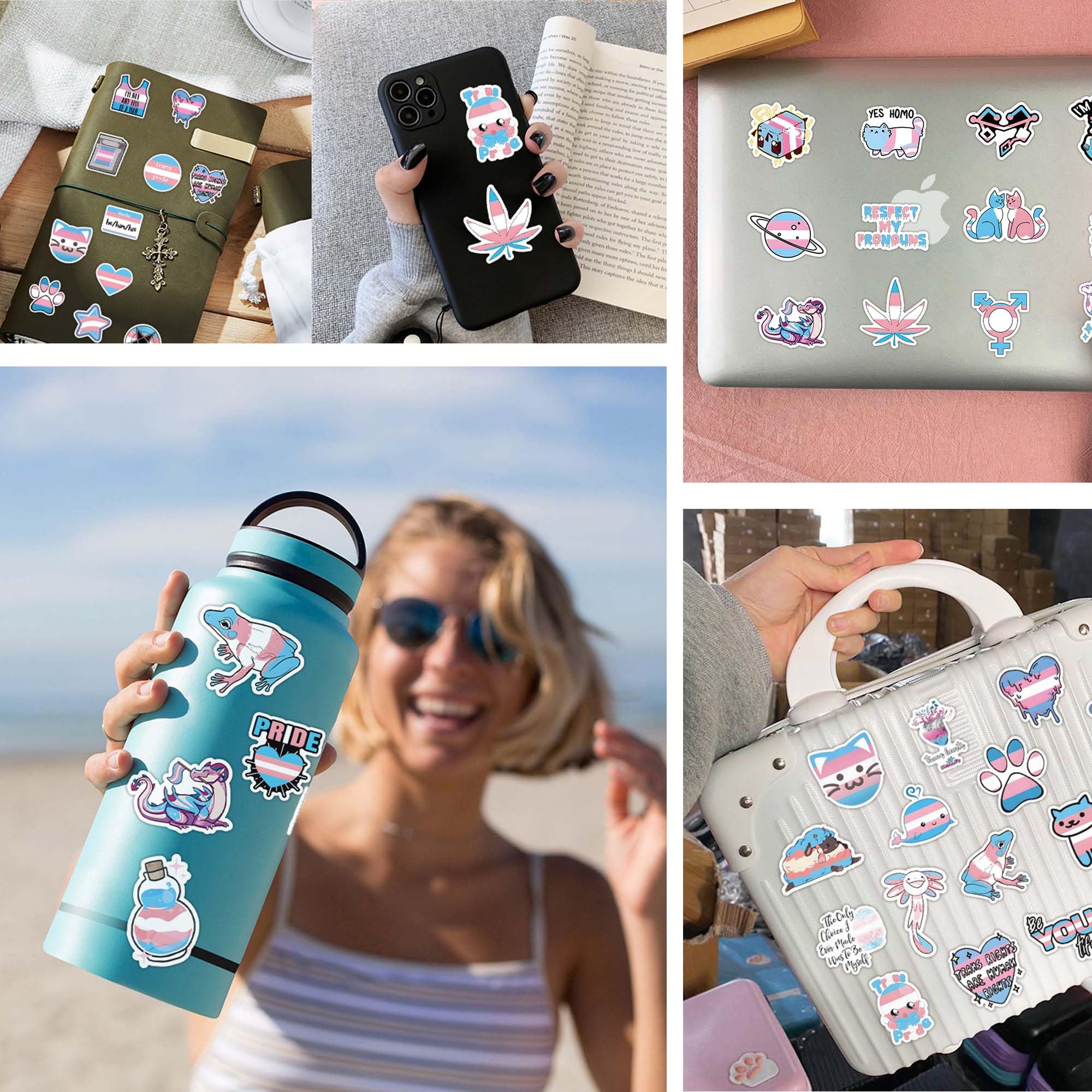 ETHOON Trans Pride sticker set with 60 designs for bottles, laptops, and cars.