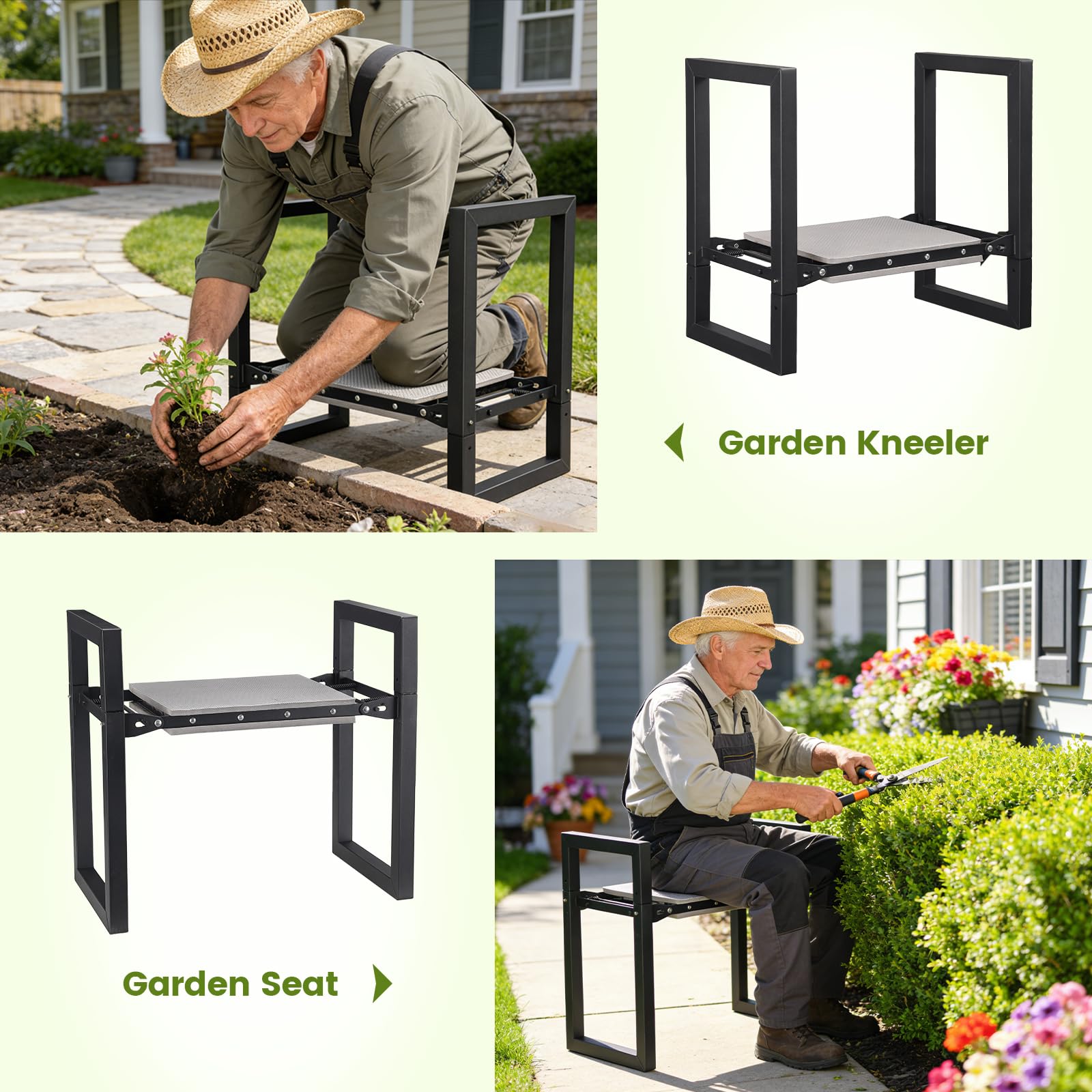 ETICSIPA foldable kneeler folds to a compact, portable bench.