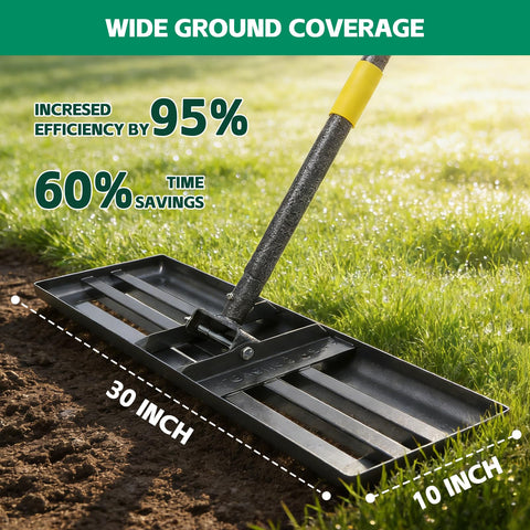 ETICSIPA lawn leveling rake with six-foot adjustable handle reduces back strain.