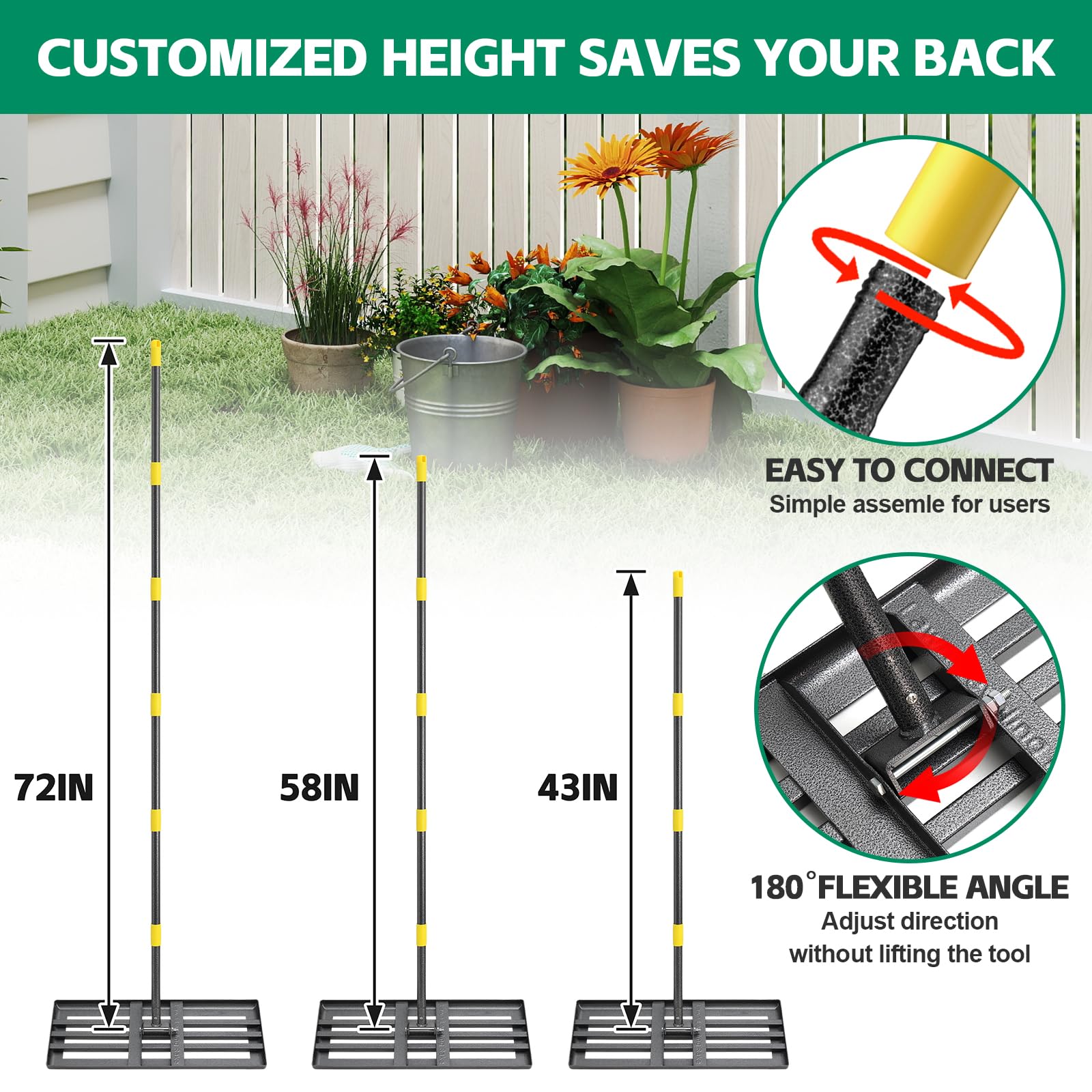 ETICSIPA rugged lawn leveling rake with rust-resistant coating for outdoor durability.