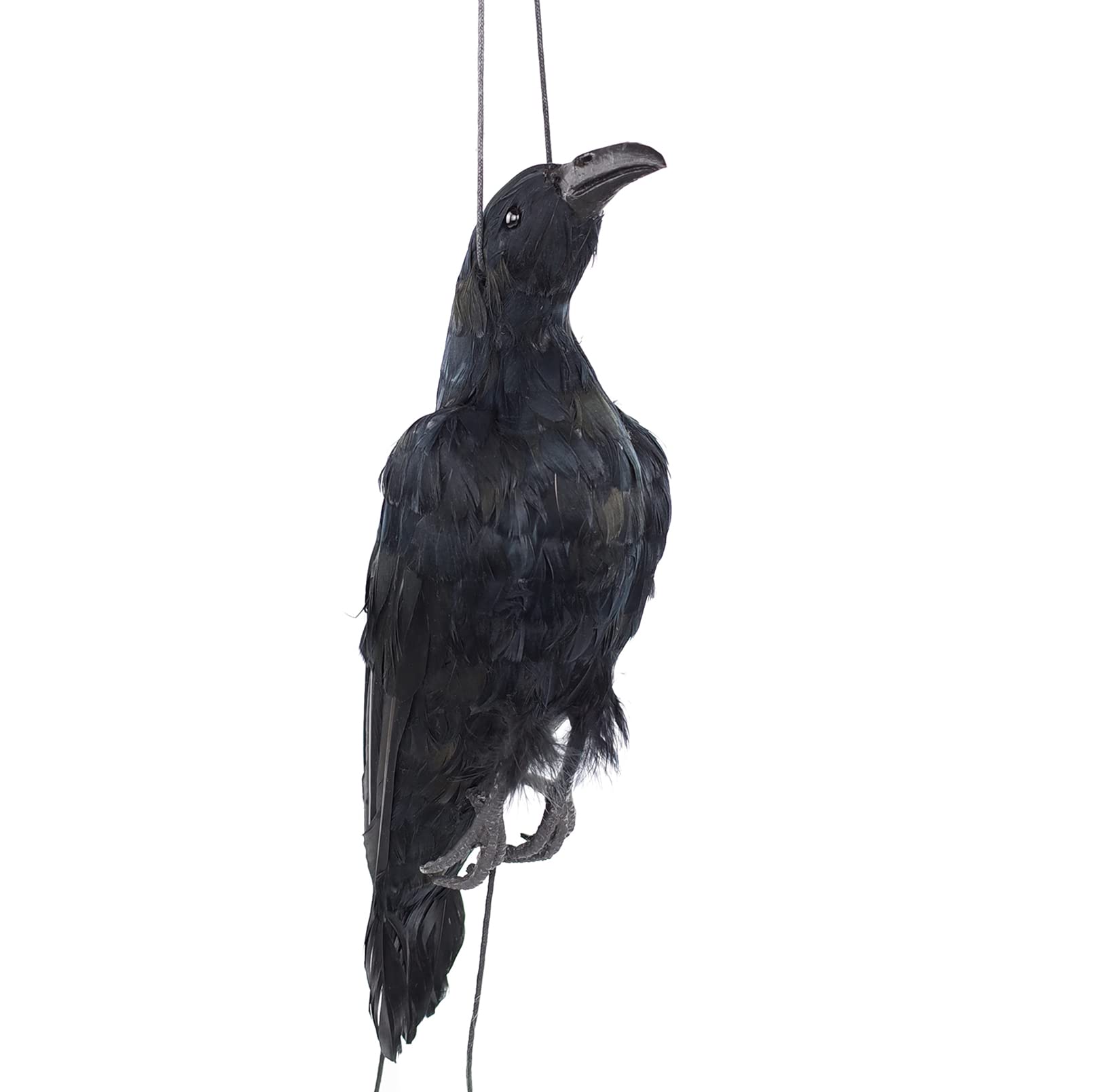 Etistta crow decoy hanging front view highlights lifelike profile in outdoor space.