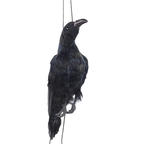 Etistta crow decoy hanging front view highlights lifelike profile in outdoor space.