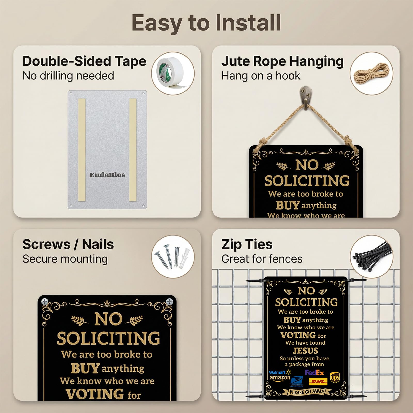 EudaBlos no soliciting sign on wall adds versatile decor.