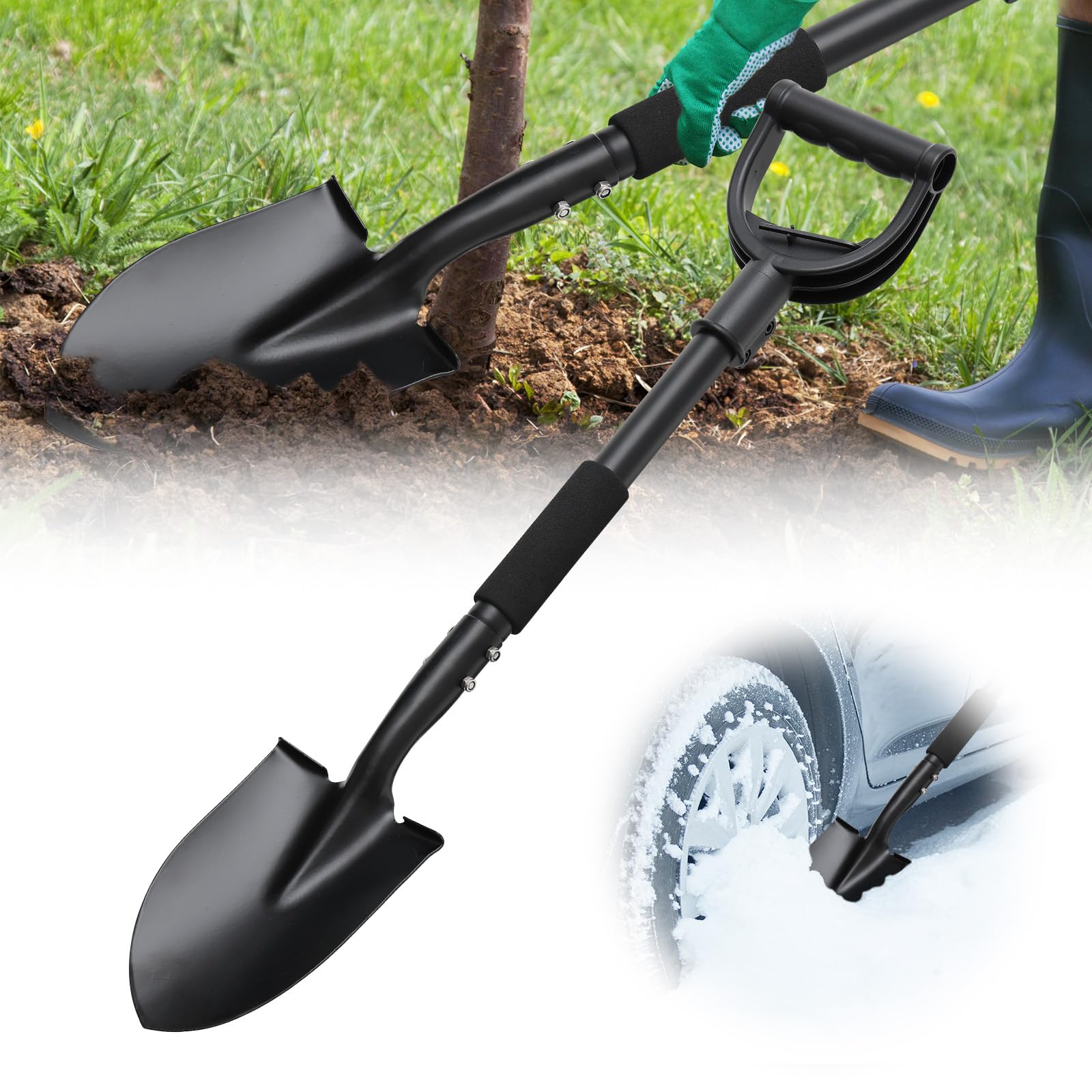EUIJOIP 31-inch shovel head close-up showing a narrow design for raised beds