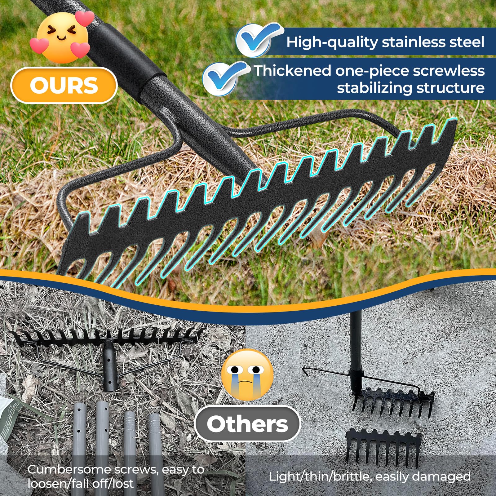 EUIJOIP 49-inch rake long tines tackle leaves and debris