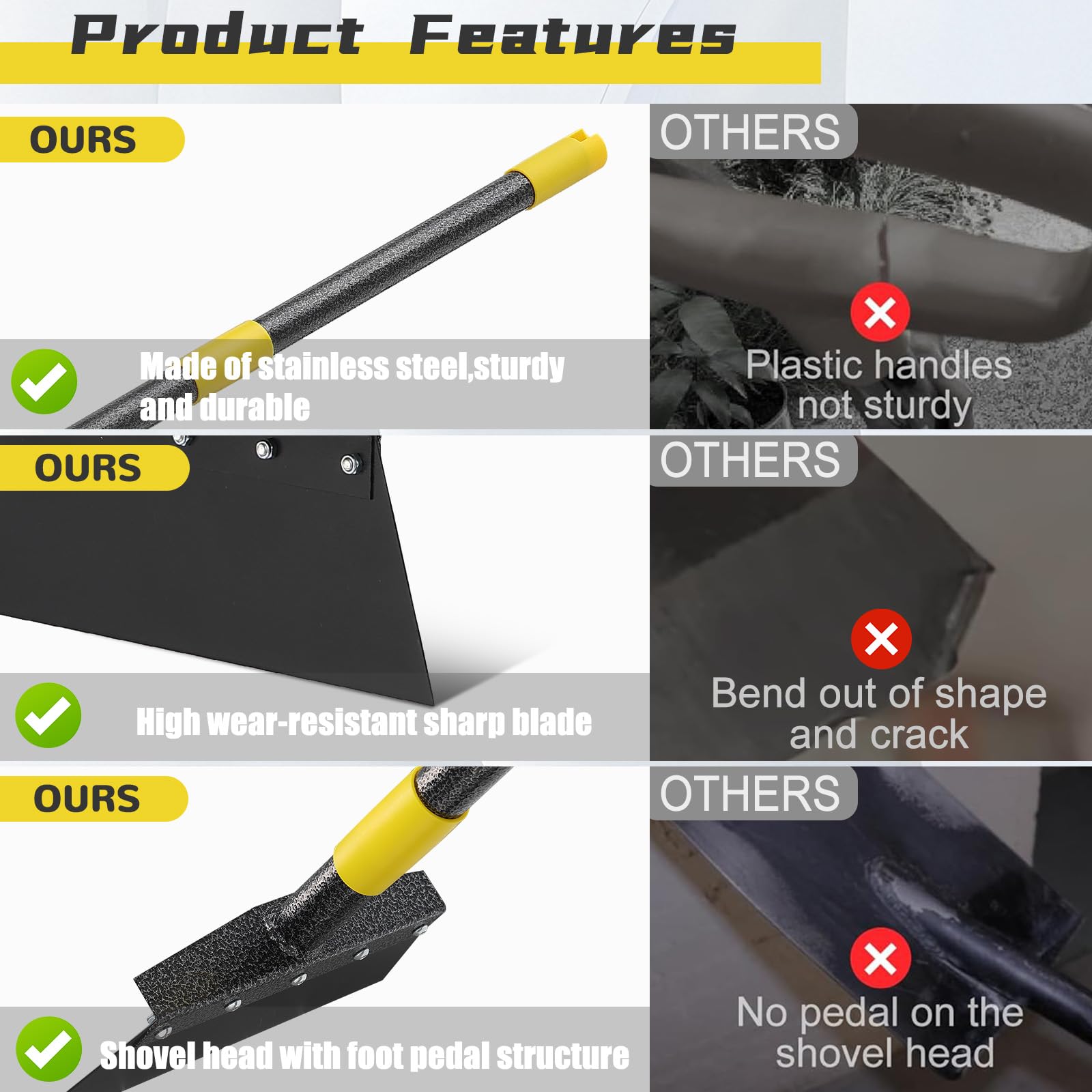 EUIJOIP garden flat shovel with adjustable ergonomic handle for comfortable use