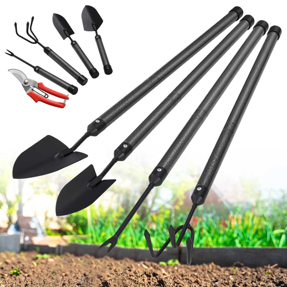 EUIJOIP Garden Tool Set with extended long handle for easier planting and weeding.