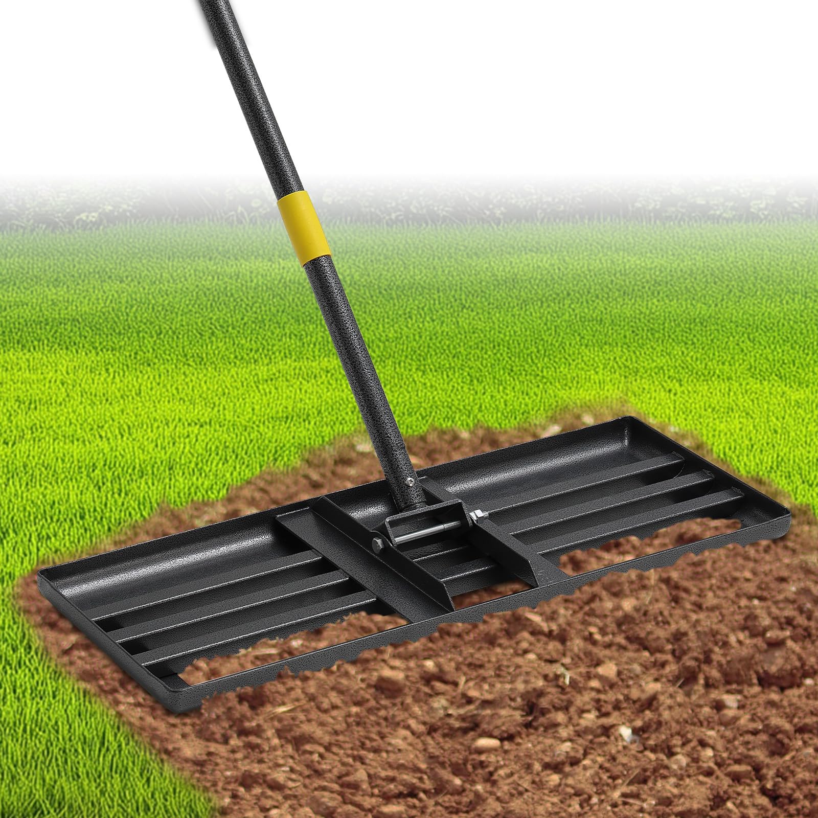 EUIJOIP lawn leveling rake front view showing wide surface for fast smoothing