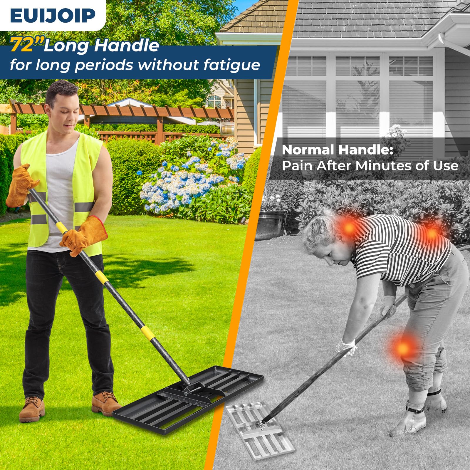 EUIJOIP lawn leveling rake side view with extended 72 inch handle for reduced fatigue