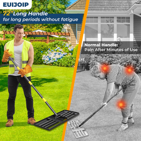 EUIJOIP lawn leveling rake side view with extended 72 inch handle for reduced fatigue