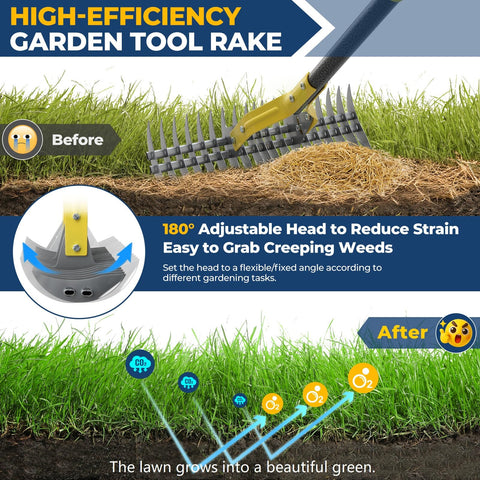 Heavy-duty steel tines cut through dense turf and embedded debris