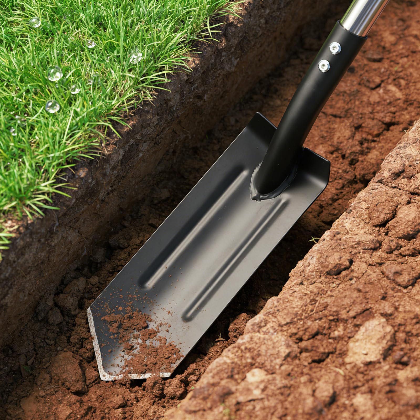 EUIJOIP stainless trench shovel with sharp V-blade for precise digging.