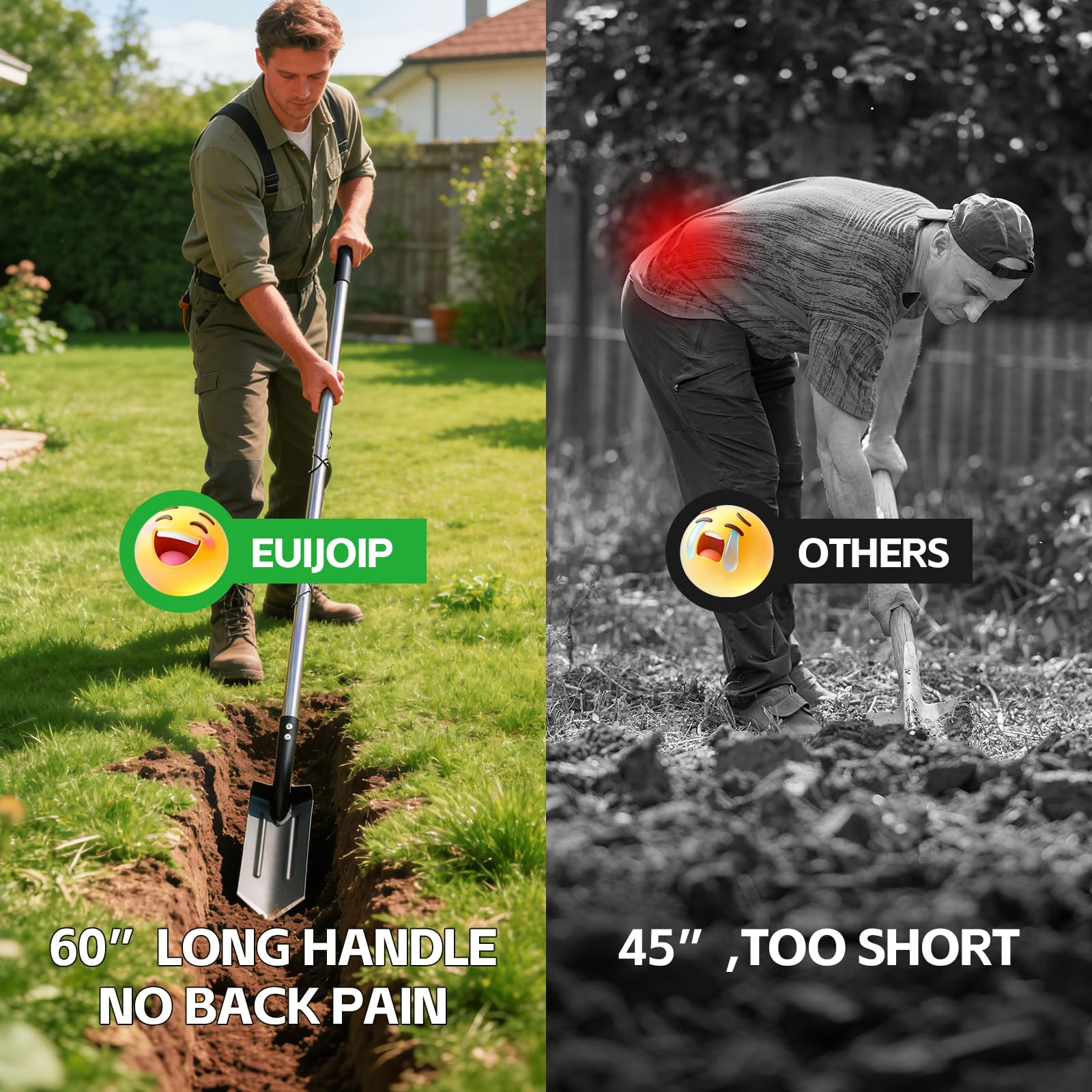 EUIJOIP trench shovel showing 60-inch adjustable handle for ergonomic standing digging.