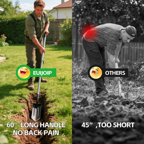 EUIJOIP trench shovel showing 60-inch adjustable handle for ergonomic standing digging.