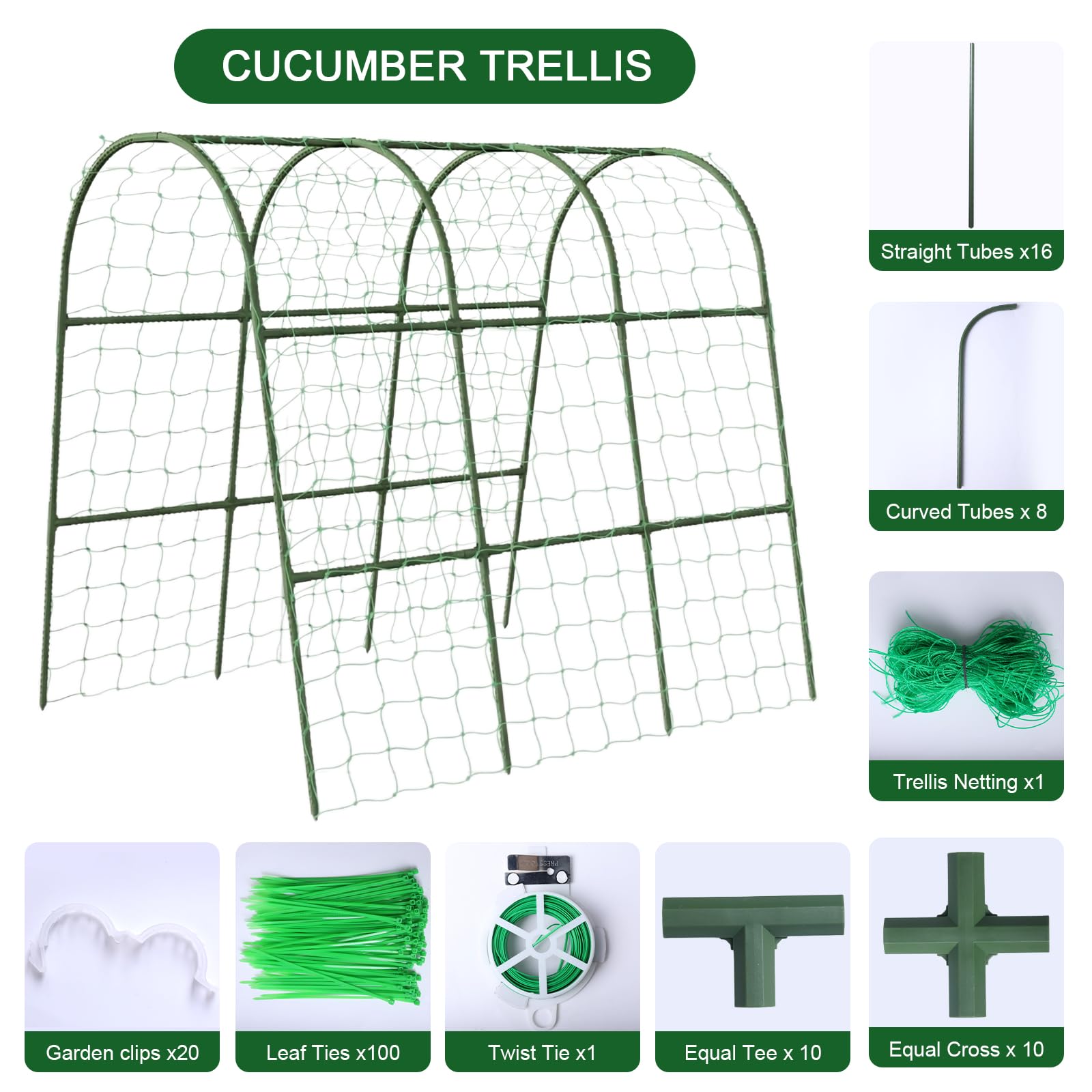 Eunice trellis netting and clips securing cucumbers and tomatoes