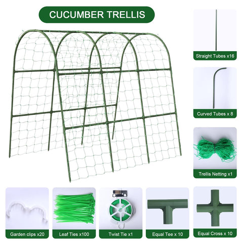 Eunice trellis netting and clips securing cucumbers and tomatoes
