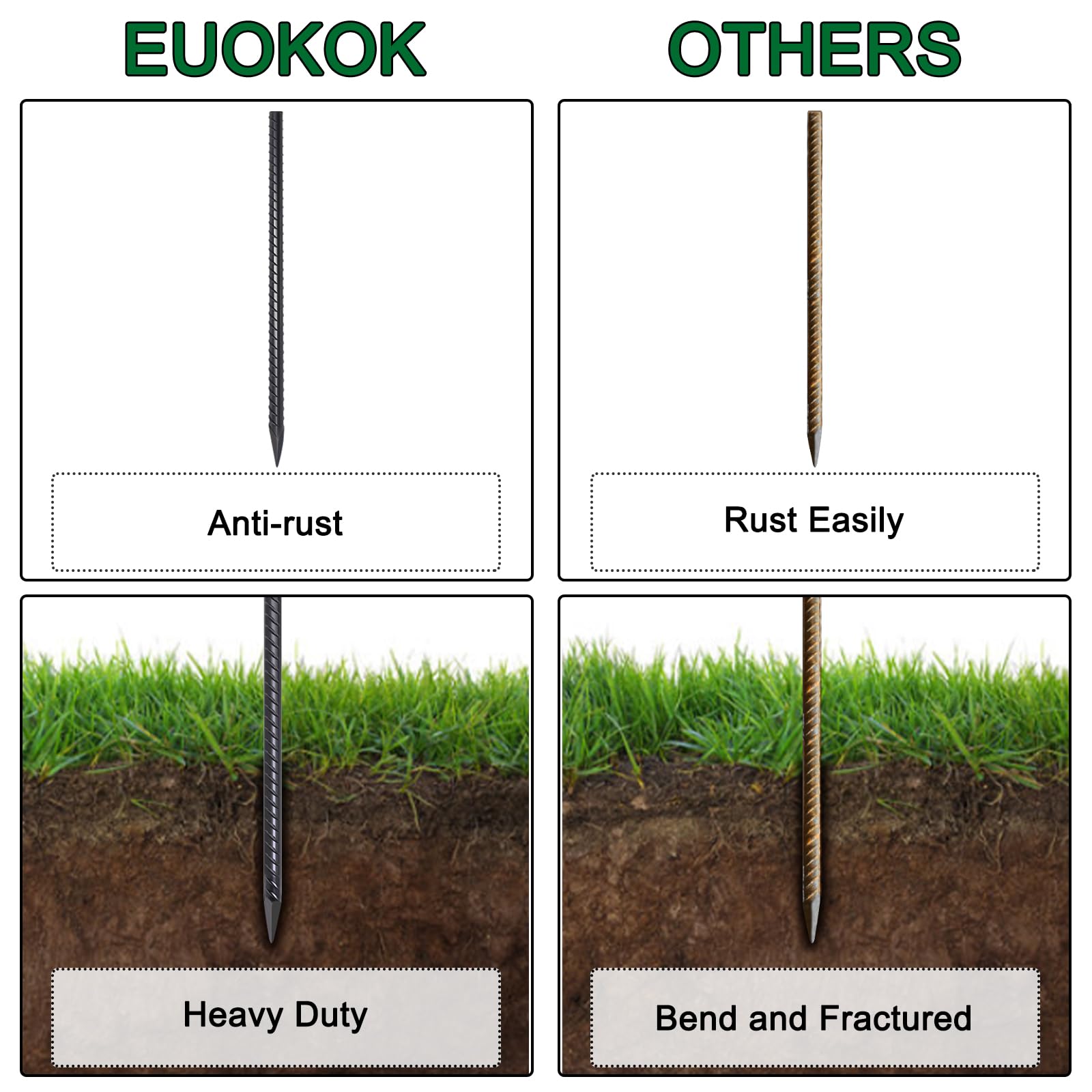 EUOKOK black-coated stake resists corrosion in wet soil for outdoor use.