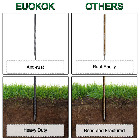 EUOKOK black-coated stake resists corrosion in wet soil for outdoor use.