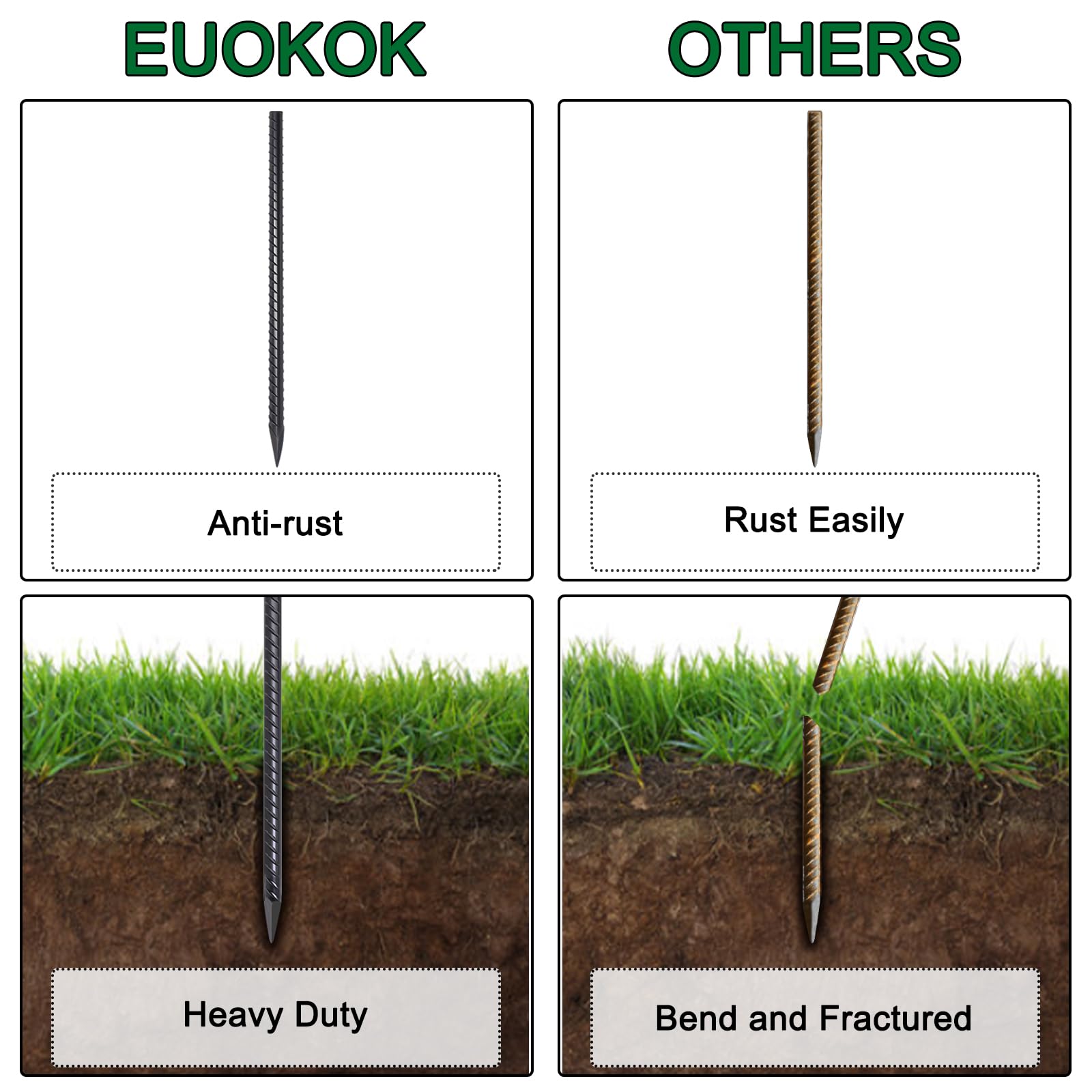 EUOKOK black-coated stakes resist corrosion for years of outdoor use.