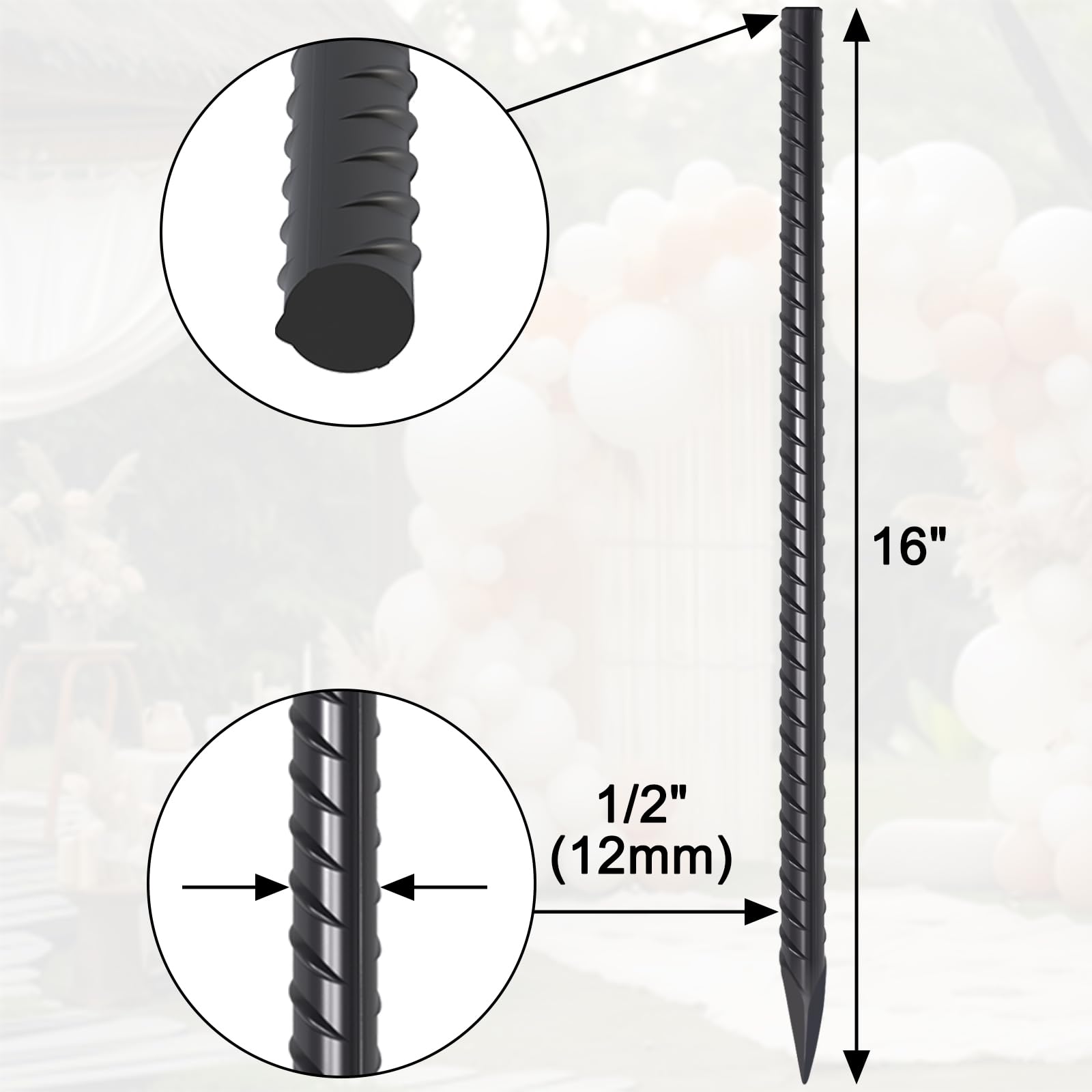 EUOKOK half-inch diameter steel stake with ribs improves grip during installation.