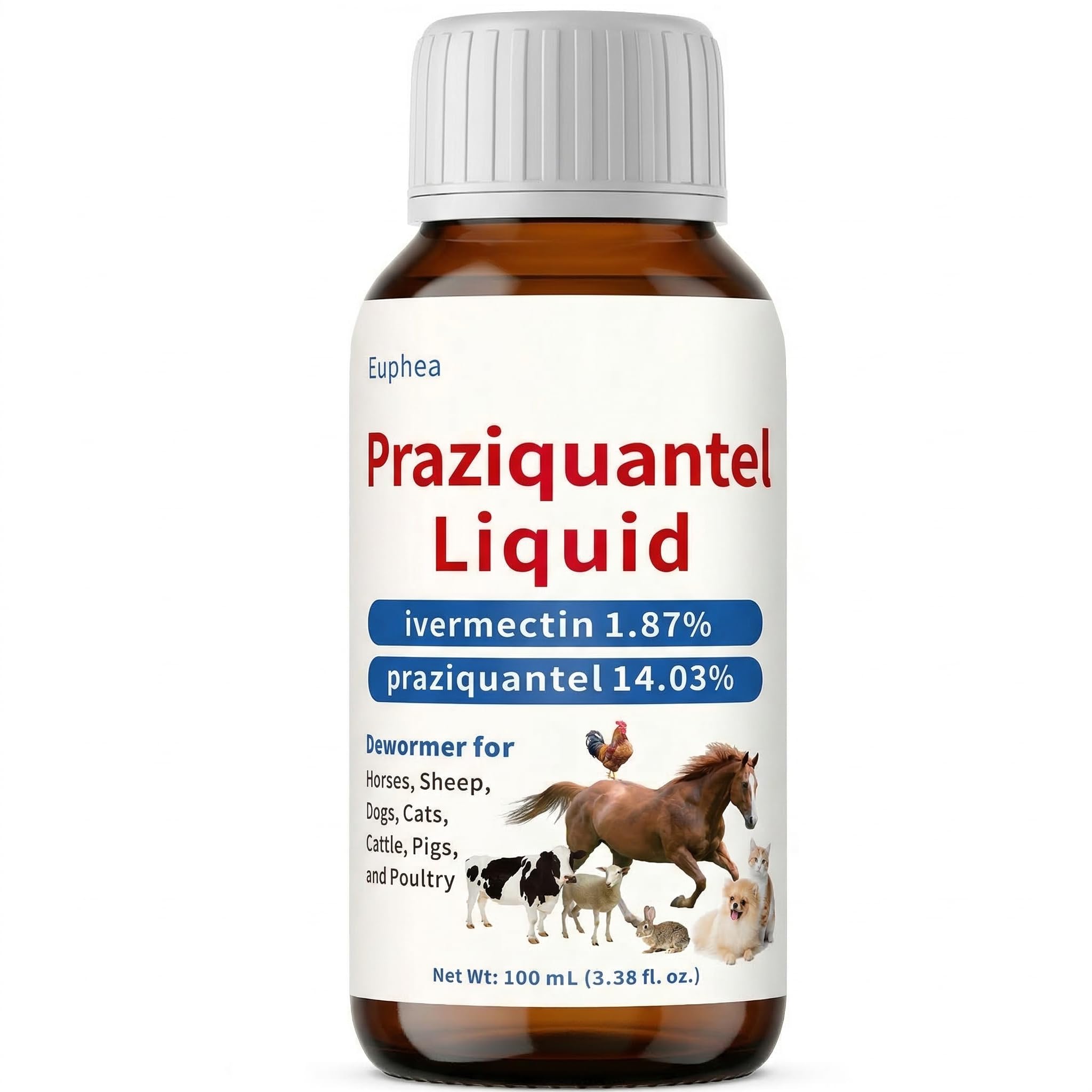 Euphea Praziquantel bottle pour for precise dosing across animals.
