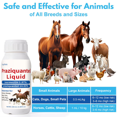 Euphea Praziquantel 100 mL bottle covers multiple pets.
