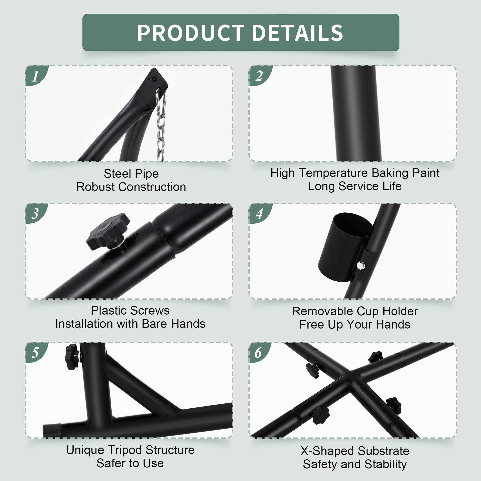 Dual load-bearing rods support a variety of hanging chairs securely.