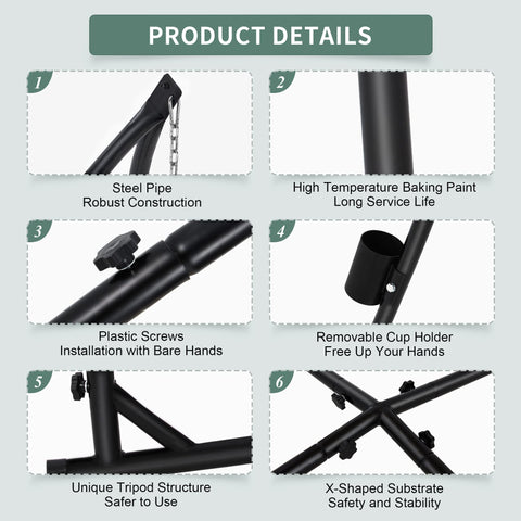 Dual load-bearing rods support a variety of hanging chairs securely.